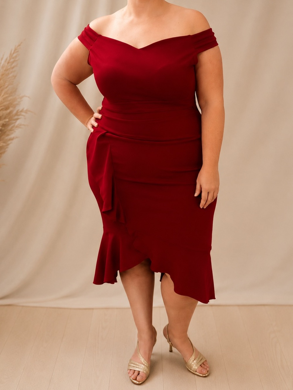 Off-Shoulder Ruffle Midi Dress in Red
